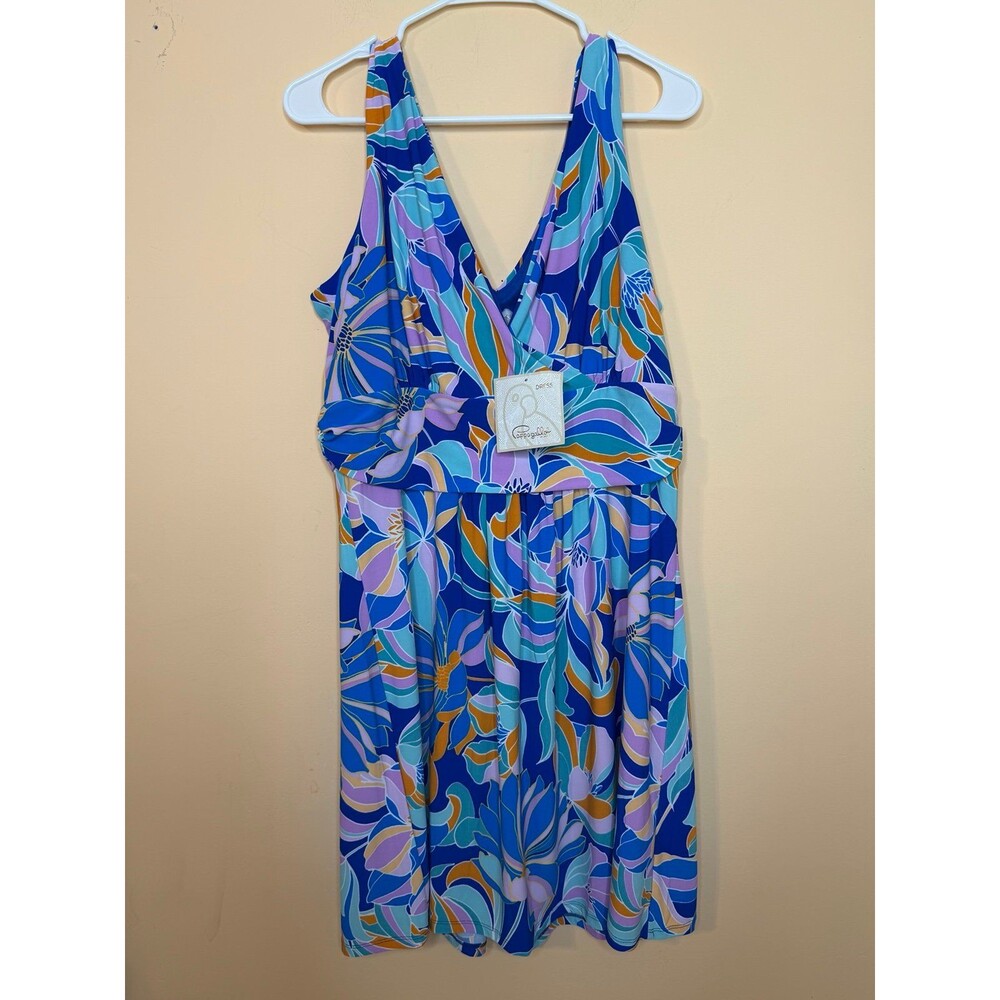 NWT Pappagallo Tropical Floral Print Jersey A-Line Sleeveless Dress Blue Large